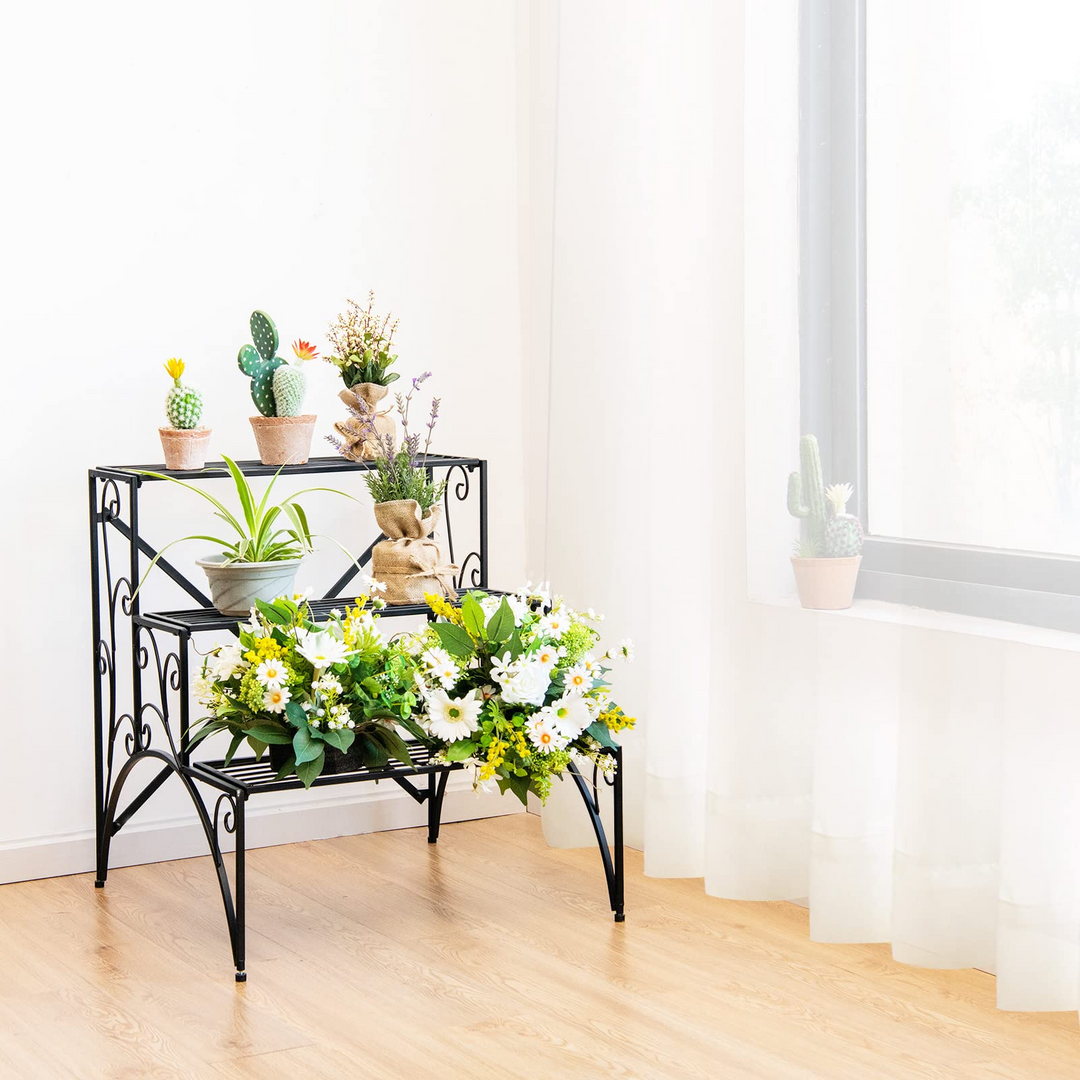 Ladder Style Flower Pot Stand with Widened Grid Shelf &amp; Non-Slip Foot Pads, 3 Tier