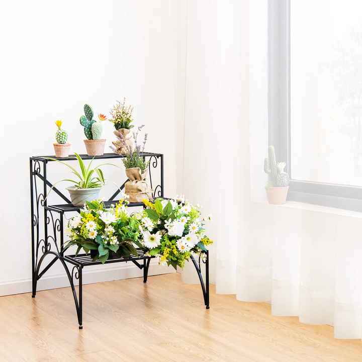 Ladder Style Flower Pot Stand with Widened Grid Shelf &amp; Non-Slip Foot Pads, 3 Tier