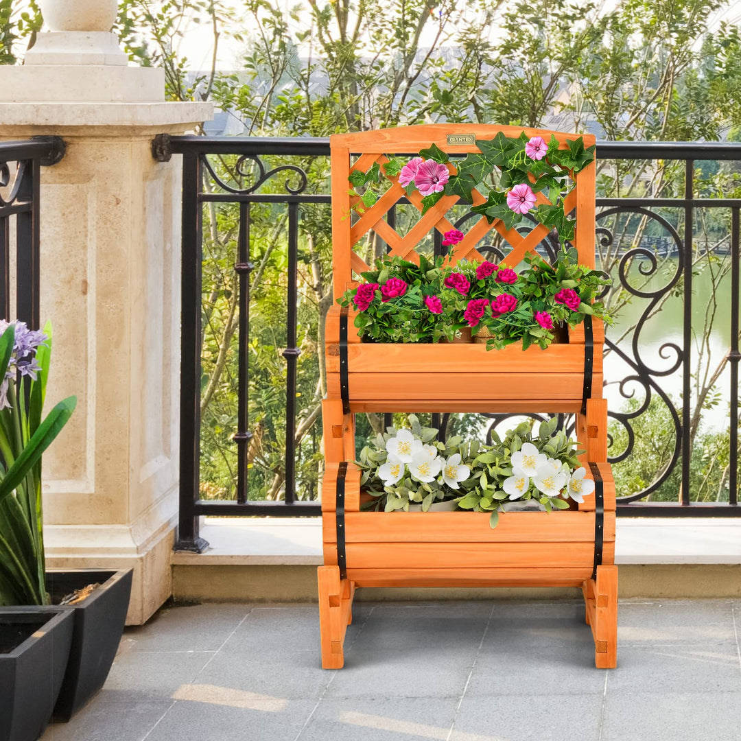 Giantex Raised Garden Bed with 2 Barrel Planters &amp; Trellis, 2-Tier Freestanding Wooden Raised Bed for Vegetable Flower Fruit