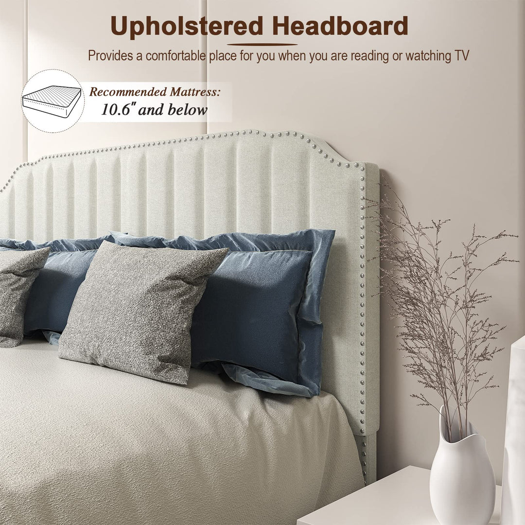 Giantex Queen/Full/Twin Size Upholstered Bed Frame, Linen Platform Bed w/Rivet Headboard, Heavy Duty Mattress Foundation