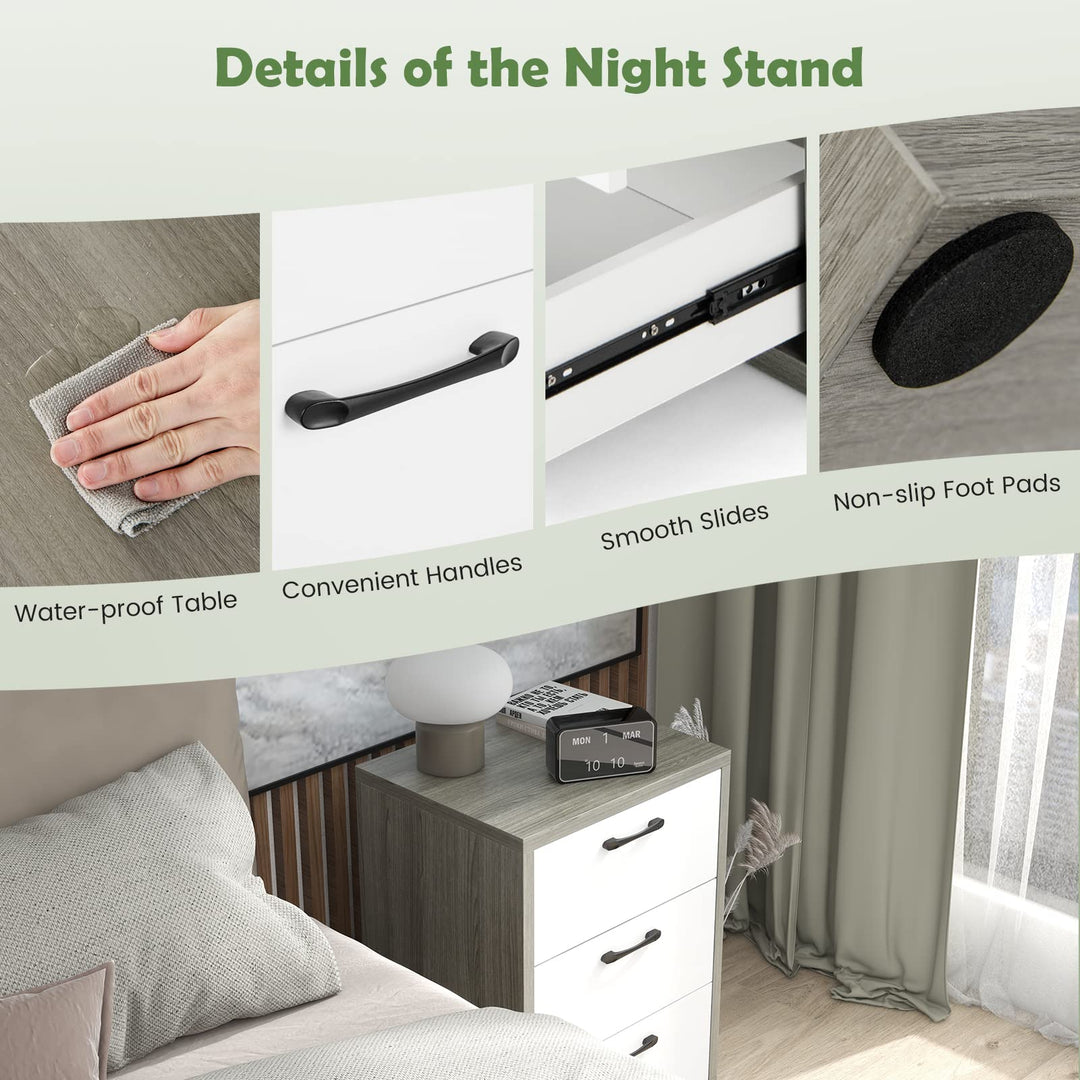 Giantex Storage Drawer Dresser - Wood End Table, Night Stand with 3 Drawers (1, White &amp; Gray)