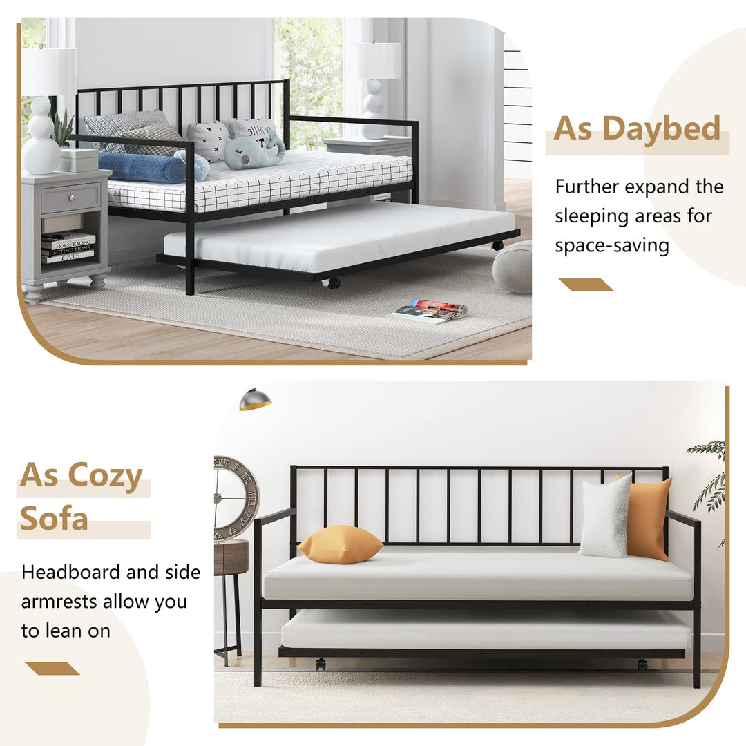 Giantex Metal Daybed with Trundle, Twin Size Daybed with Pullout Trundle &amp; Steel Slat Support, Black