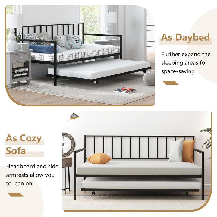 Giantex Metal Daybed with Trundle, Twin Size Daybed with Pullout Trundle &amp; Steel Slat Support, Black