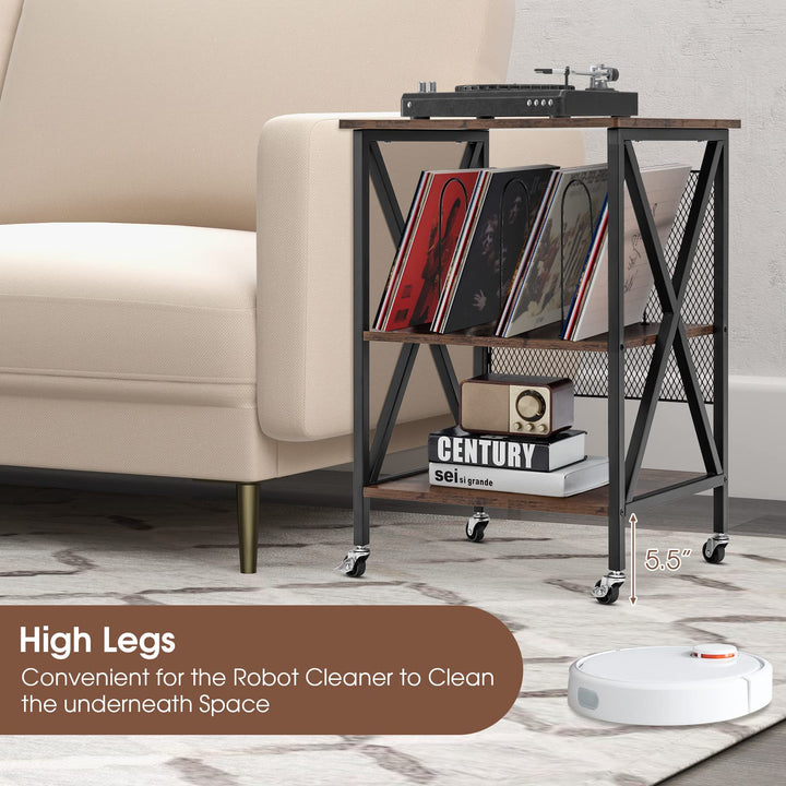 Giantex Record Player Stand, Vinyl Record Storage Table w/ 3 M-shaped Dividers &amp; 4 Rolling Wheels, Rustic Brown