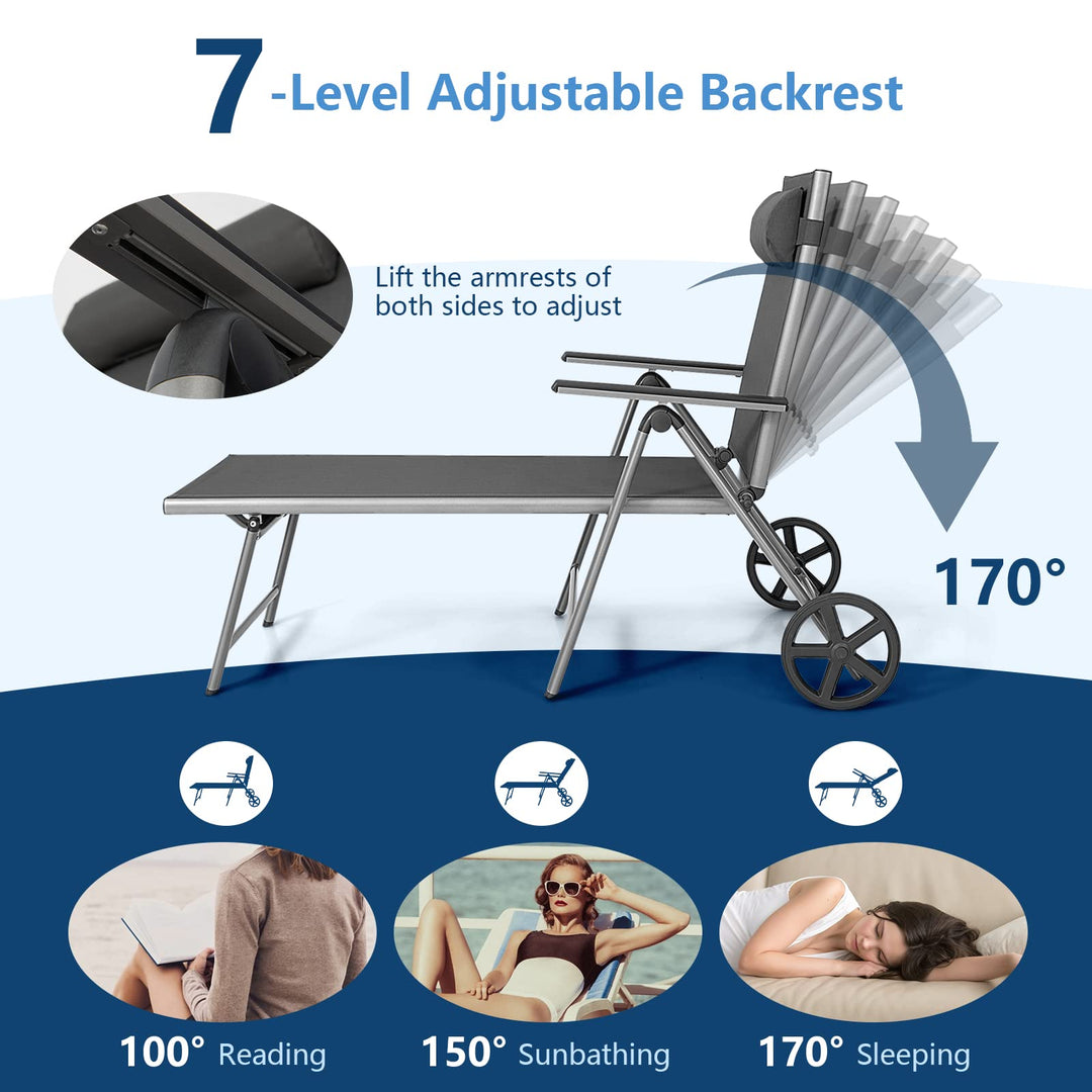 Giantex Chaise Lounge Outdoor Chair- Patio Folding Lounge Chair with Wheels, 7 Adjustable Level