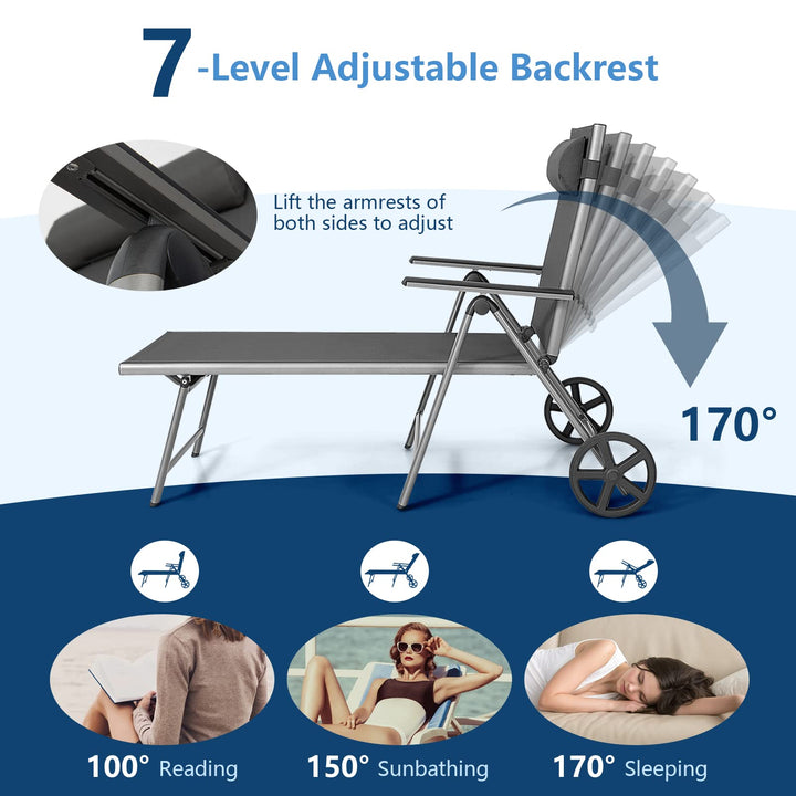 Giantex Chaise Lounge Outdoor Chair- Patio Folding Lounge Chair with Wheels, 7 Adjustable Level