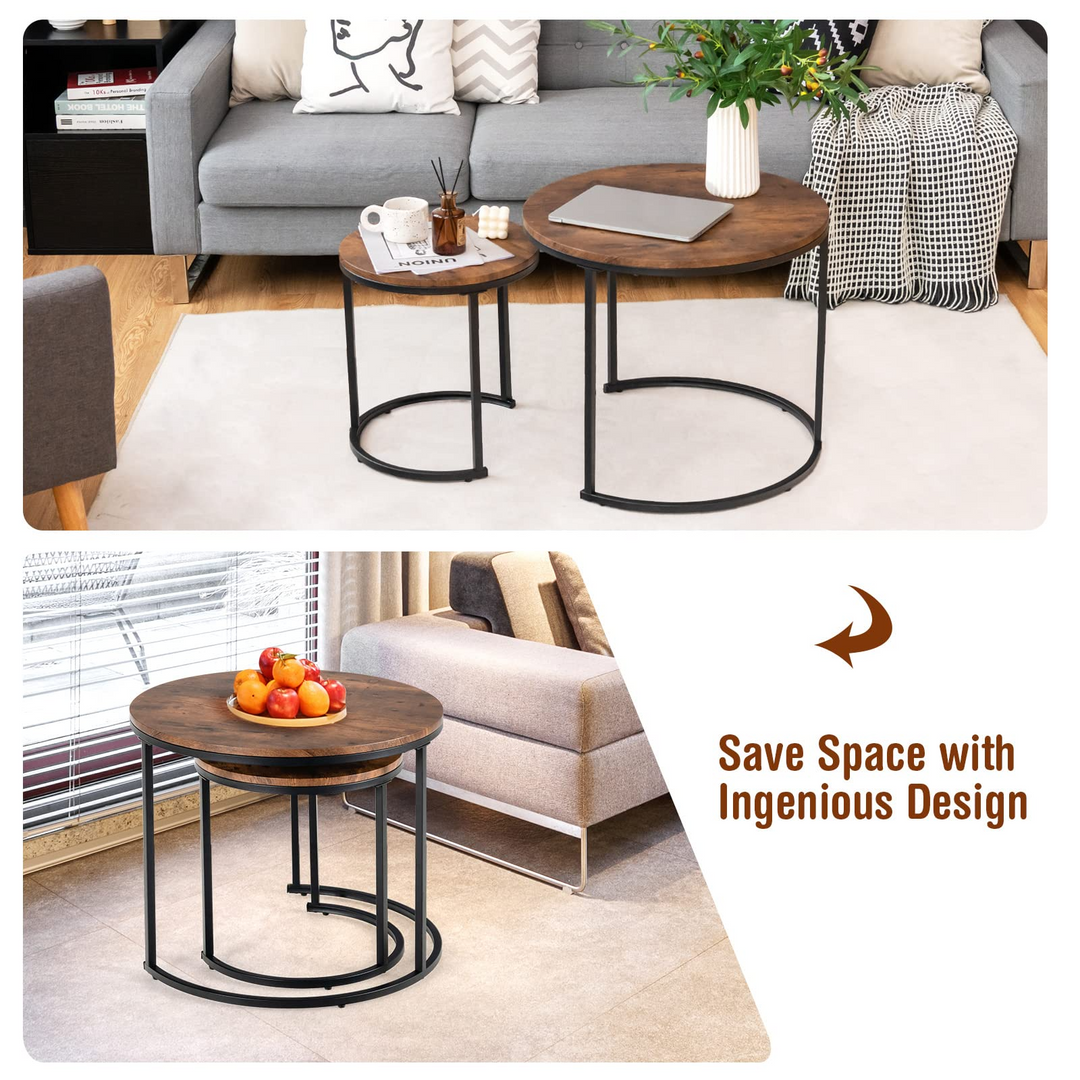 Nesting Coffee Table Set of 2, Round Stacking Side Tables w/Wooden Tabletop &amp; Steel Frame