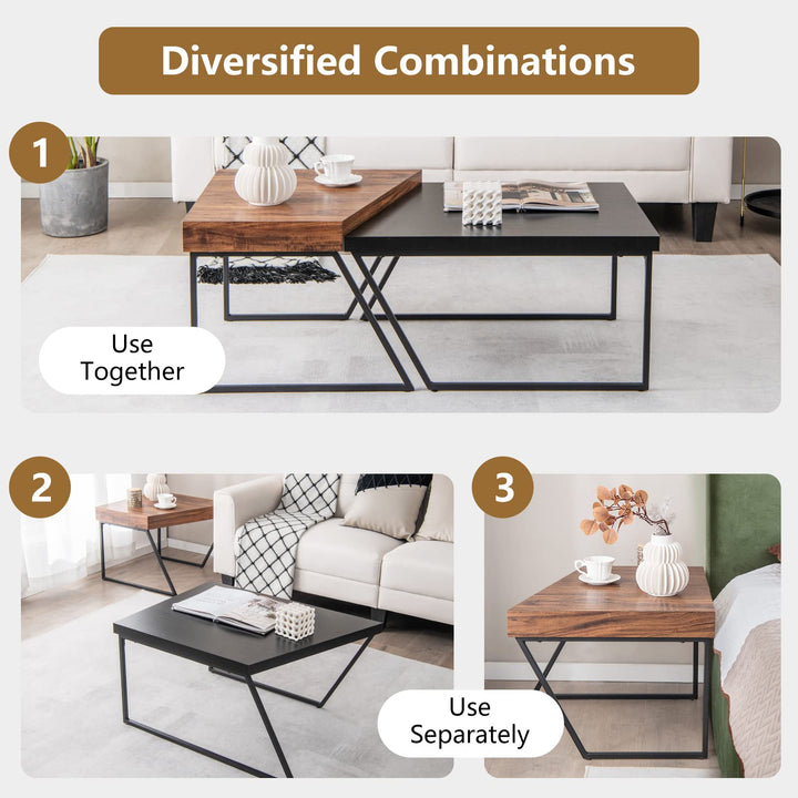 Giantex Stacking Coffee Table Set of 2, Black &amp; Brown Modern Side Table