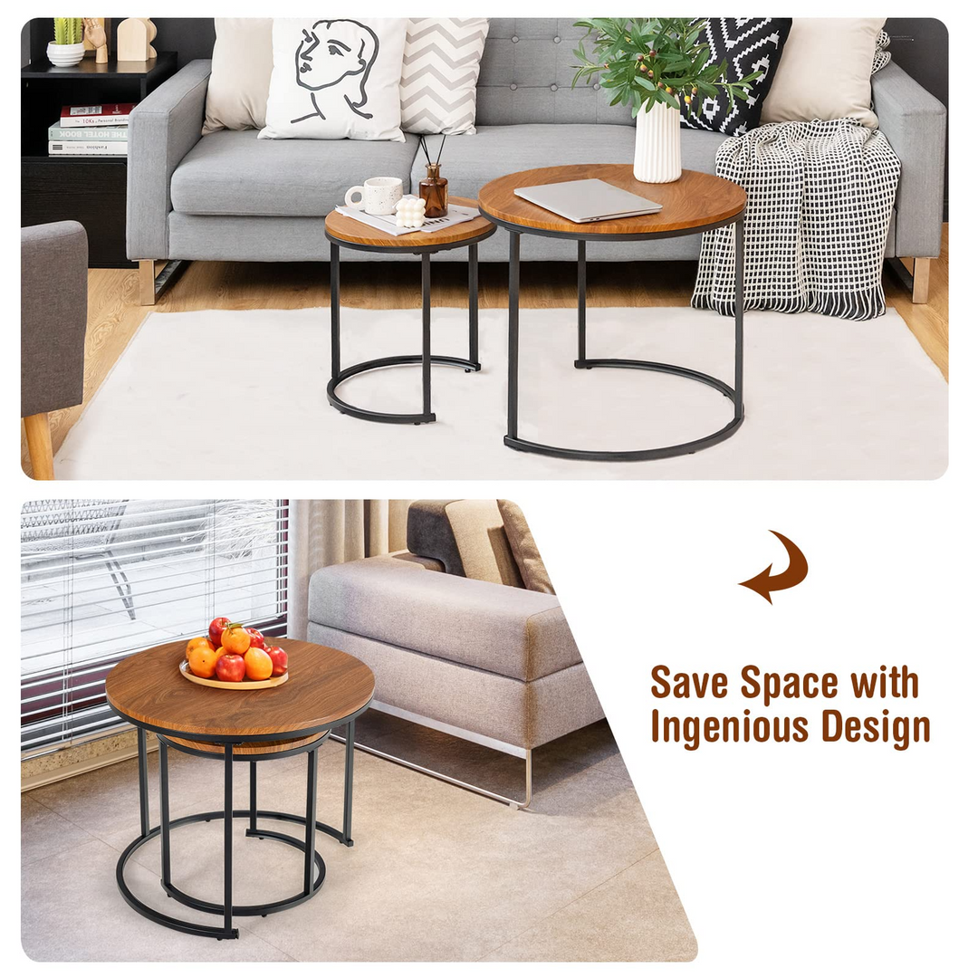 Nesting Coffee Table Set of 2, Round Stacking Side Tables w/Wooden Tabletop &amp; Steel Frame