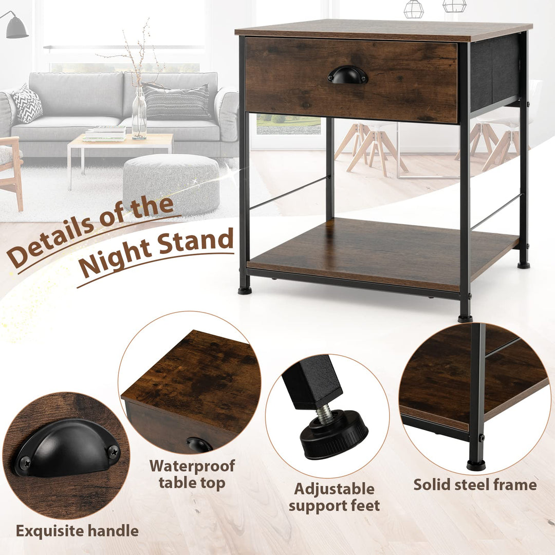 Giantex Nightstand with Drawers, Bedside Table w/Removable Fabric Bins &amp; Pull Handle