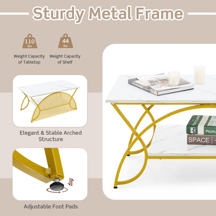 Giantex 2-Tier Rectangular Coffee Table, Modern Chic Cocktail Table with Open Storage Shelf, White/Gold