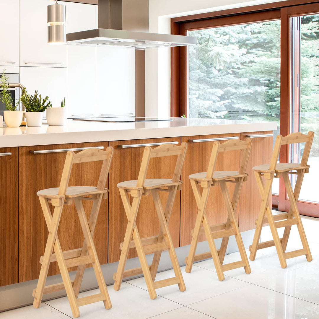 Folding Bamboo Bar Stools 24” Kitchen Counter Height Stool with Backrest &amp; Footrest
