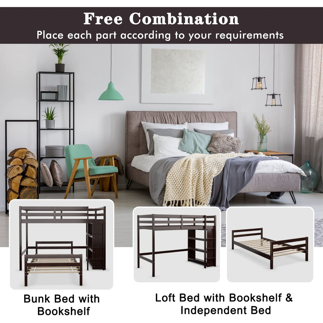 Giantex Twin Over Twin Loft Bed w/ Bookcase, Bunk Bed w/ 12.5" Full-Length Guardrail &amp; Ladder