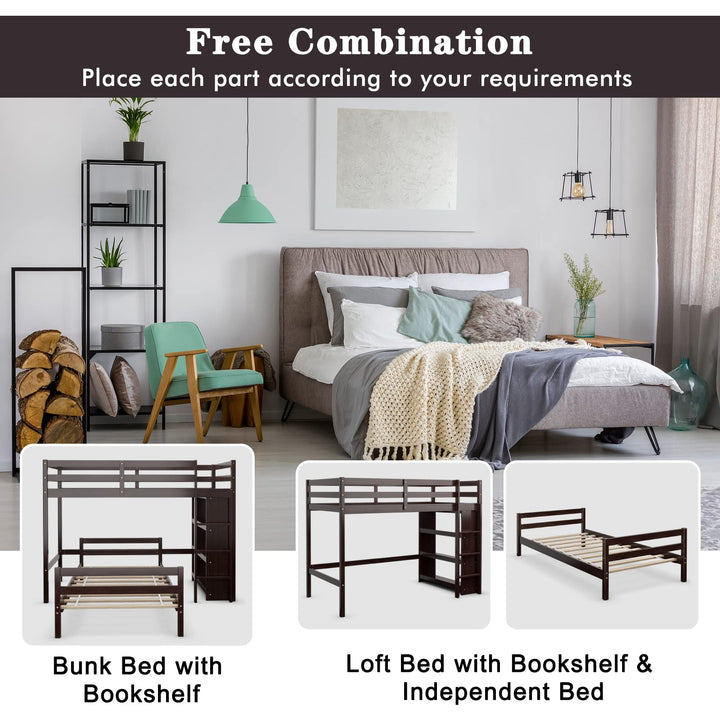 Giantex Twin Over Twin Loft Bed w/ Bookcase, Bunk Bed w/ 12.5" Full-Length Guardrail &amp; Ladder