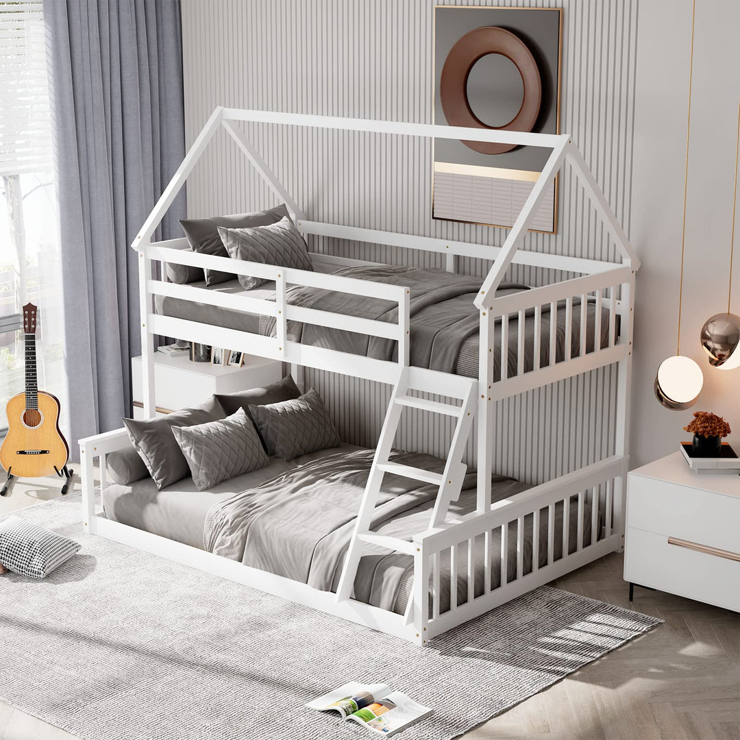 Giantex Twin Over Full House Bunk Bed, Floor Low Bunk Bed Frame w/Integrated Ladder &amp; Safety Guardrails