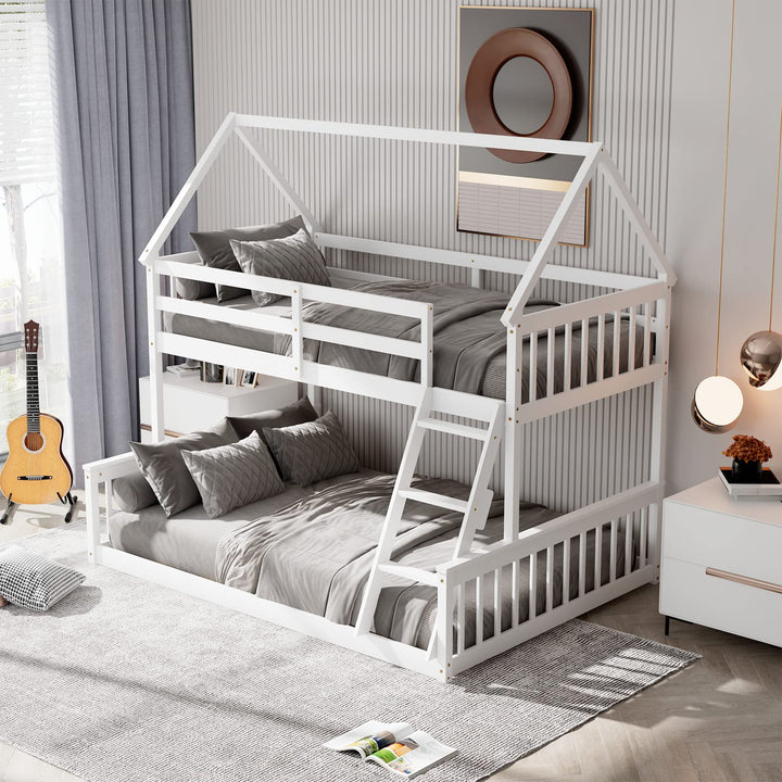 Giantex Twin Over Full House Bunk Bed, Floor Low Bunk Bed Frame w/Integrated Ladder &amp; Safety Guardrails