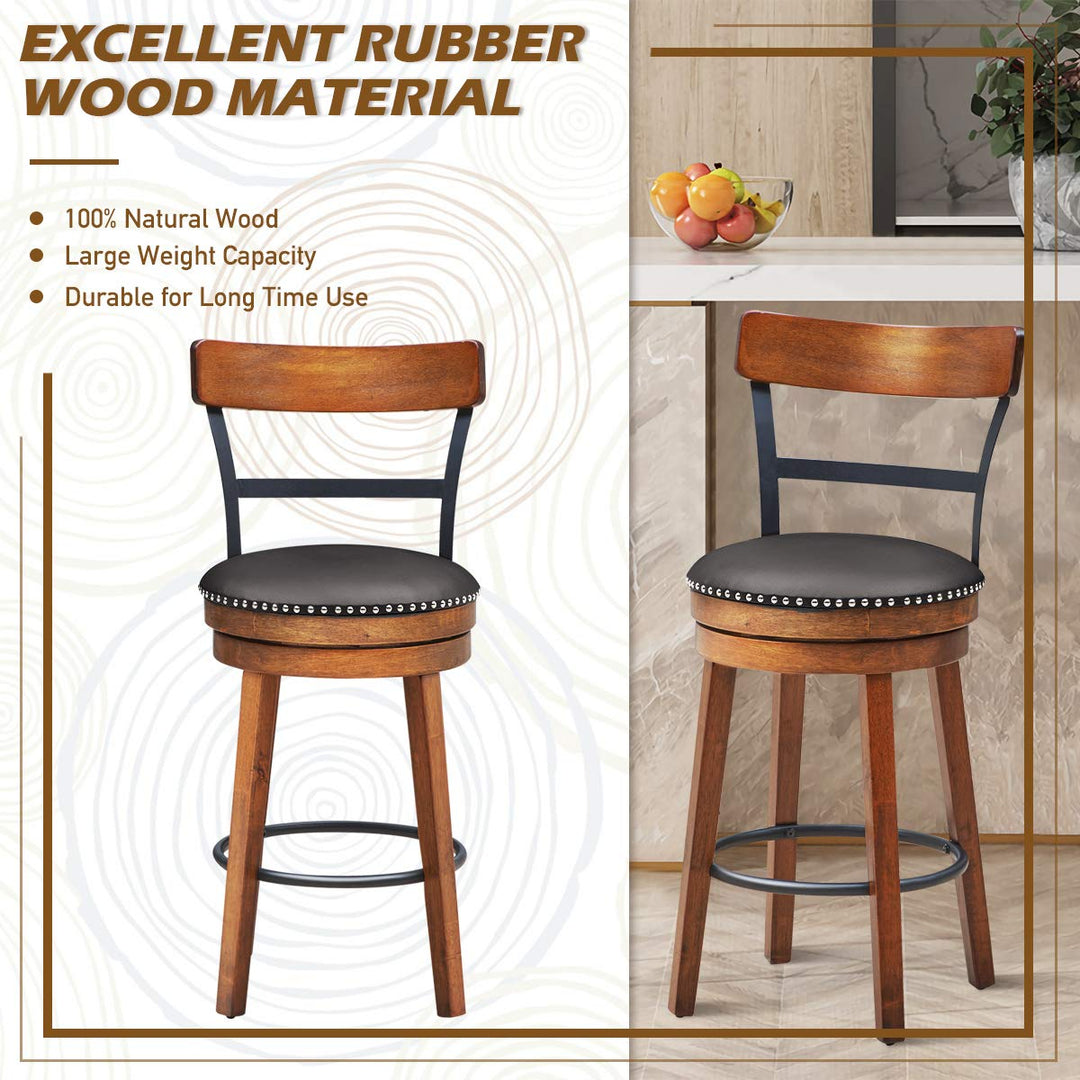 360-Degree Swivel Stools with Leather Padded Seat, Single Slat Ladder Back &amp; Solid Rubber Wood Legs