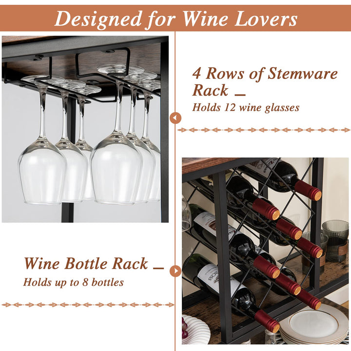 Giantex 3-Tier Wine Bar Cabinet - on Wheels, 8 Bottles Rack &amp; 12 Glasses Hanger (Rustic Brown &amp; Black)