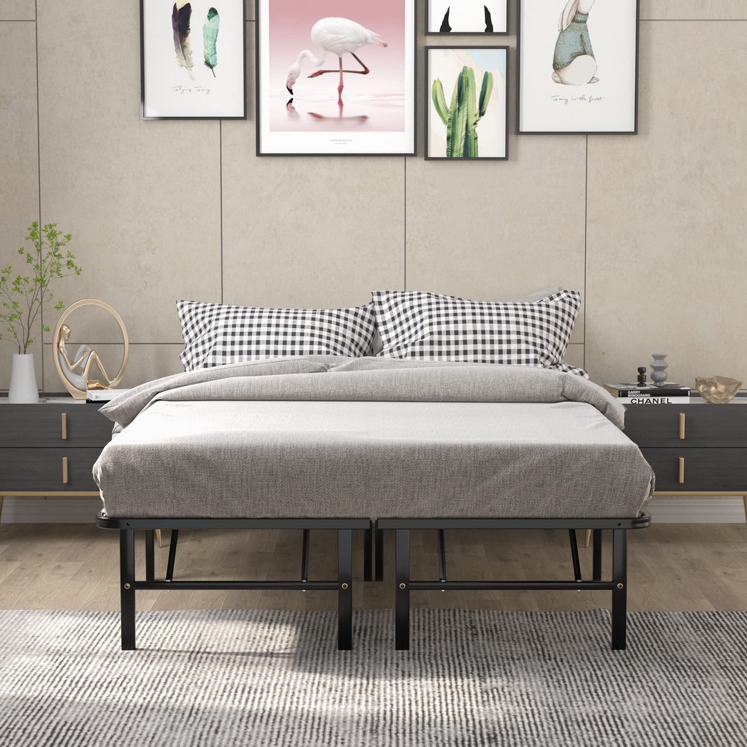 Queen/Full/Twin Size 14 Inch Foldable Metal Mattress Foundation | Heavy Duty Bed Frame with Steel Slat