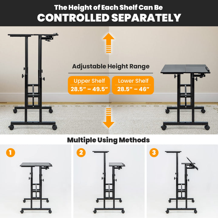 Giantex Mobile Stand up Desk Adjustable, Rolling Standing Laptop Cart, 27.5"D x 22"W x 49.5"H