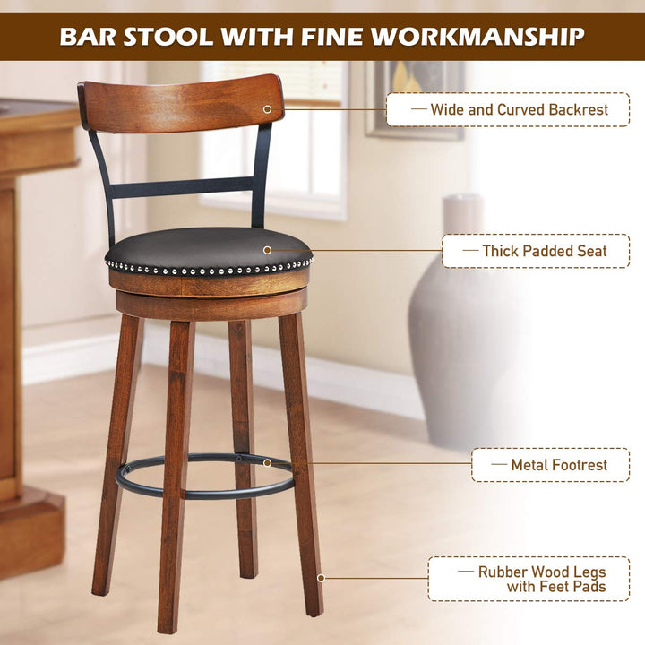 360-Degree Swivel Stools with Leather Padded Seat, Single Slat Ladder Back &amp; Solid Rubber Wood Legs