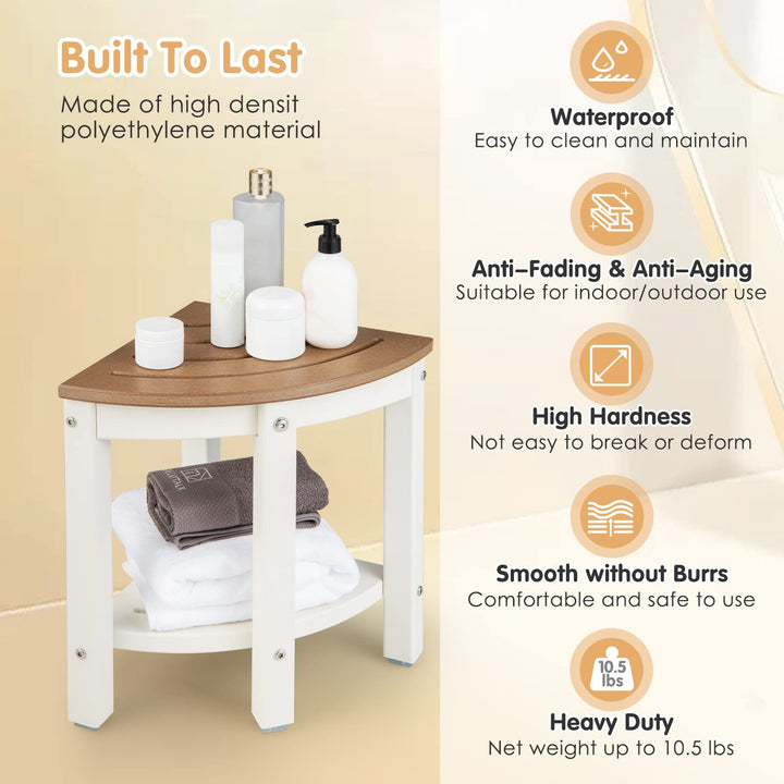 Giantex Corner Shower Stool Waterproof - HDPE Shower Bench Seat with Storage Shelf