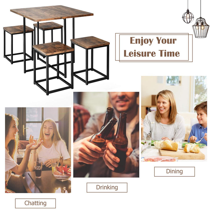 5 Piece Dining Table Set, Dining Set for 4 with Square Stools, Walnut &amp; Black