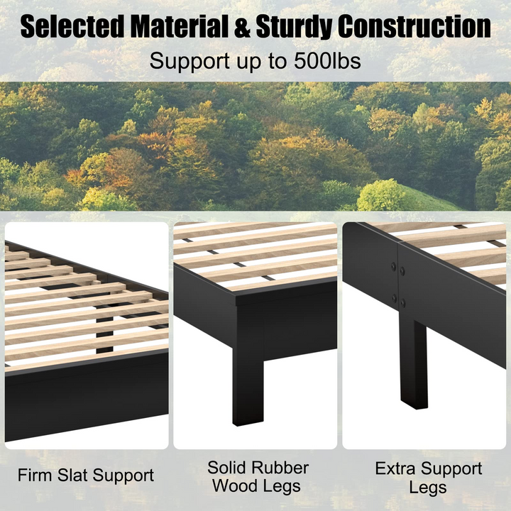 Queen/Full/Twin Size Platform Bed w/ Rubber Wood Legs &amp; Integrated Headboard | Wooden Bed Frame