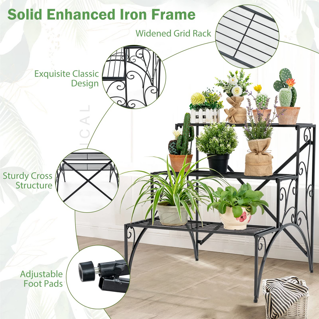 Ladder Style Flower Pot Stand with Widened Grid Shelf &amp; Non-Slip Foot Pads, 3 Tier