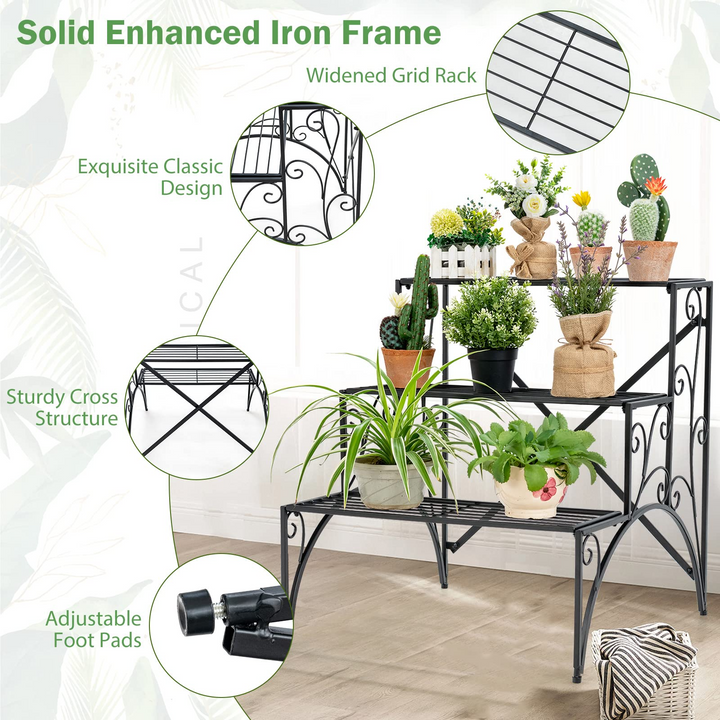 Ladder Style Flower Pot Stand with Widened Grid Shelf &amp; Non-Slip Foot Pads, 3 Tier