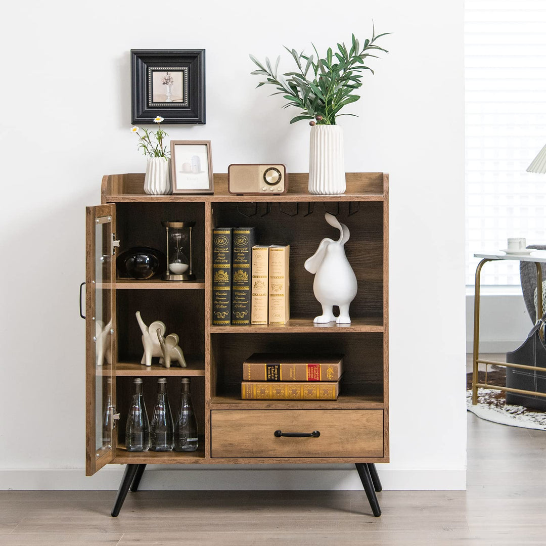 Giantex Buffet Sideboard with Drawer, Wine Cabinet for 8 Bottles, Glass Holder, 3 Tier Cupboard Tempered Glass Door (Rustic Brown &amp; Black)