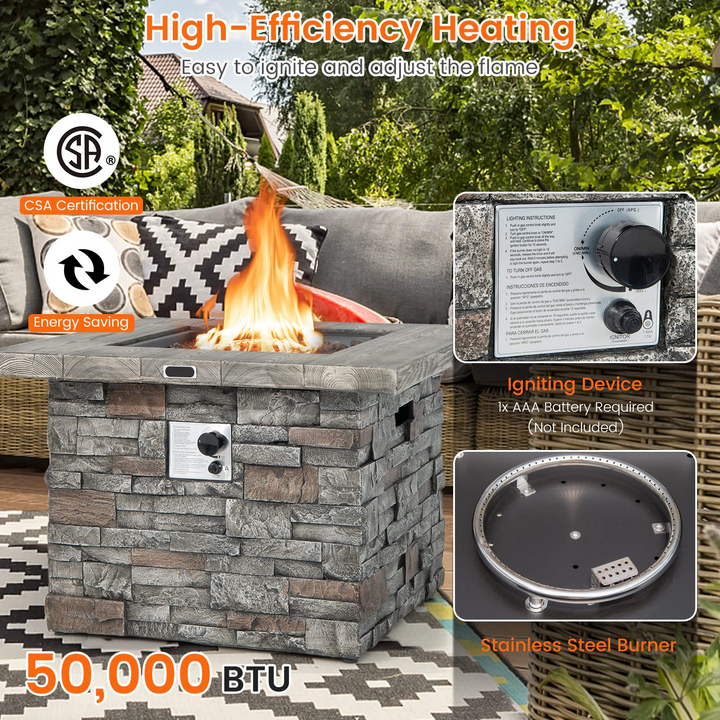 34.5" Propane Gas Fire Pit Table - Patio 2-in-1 Outdoor Square Fire Table W/ Volcanic Rock &amp; PVC Cover