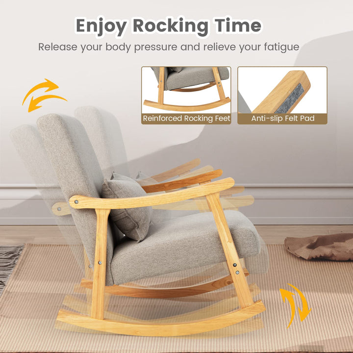 Giantex Upholstered Rocking Chair - Modern Rocker with Rubber Wood Frame, Comfy Backrest &amp; Seat