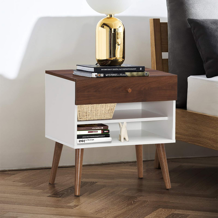Nightstand with Drawer and Storage Shelves &amp; Rubber Wood Legs, Brown&amp;White