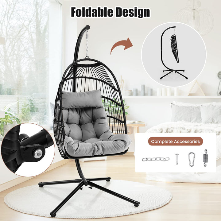 Giantex Egg Chair with Stand, Hanging Basket Chair Hammock Chair w/ Steel Stand Pillow Seat Cushion Rattan Basket &amp; Dust Cover
