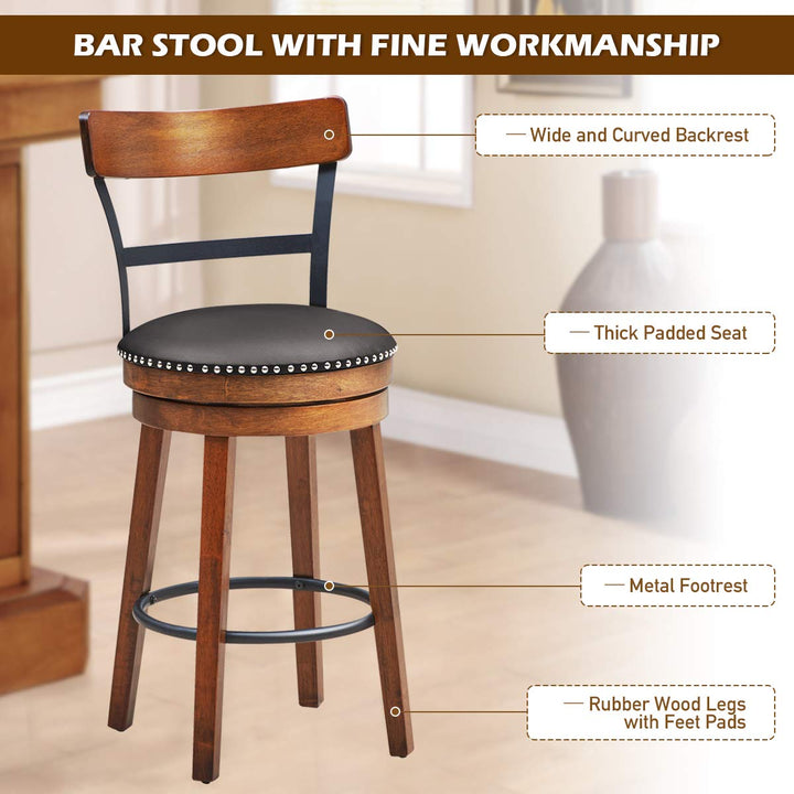 360-Degree Swivel Stools with Leather Padded Seat, Single Slat Ladder Back &amp; Solid Rubber Wood Legs