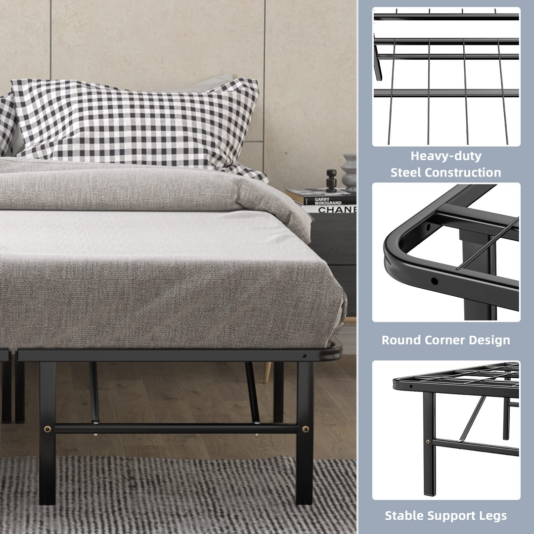 Queen/Full/Twin Size 14 Inch Foldable Metal Mattress Foundation | Heavy Duty Bed Frame with Steel Slat