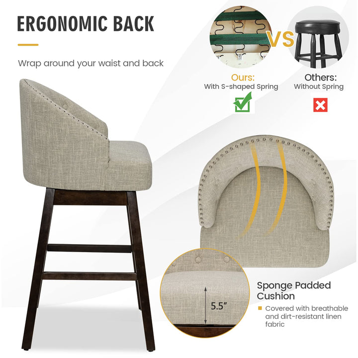 Bar Stools Set of 2, 31’’ Swivel Bar Stools with Rubber Wood Legs &amp; Padded Back