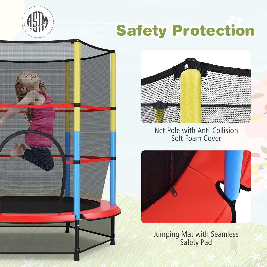 55" Kids Trampoline  with Safety Enclosure Net &amp; Spring Pad