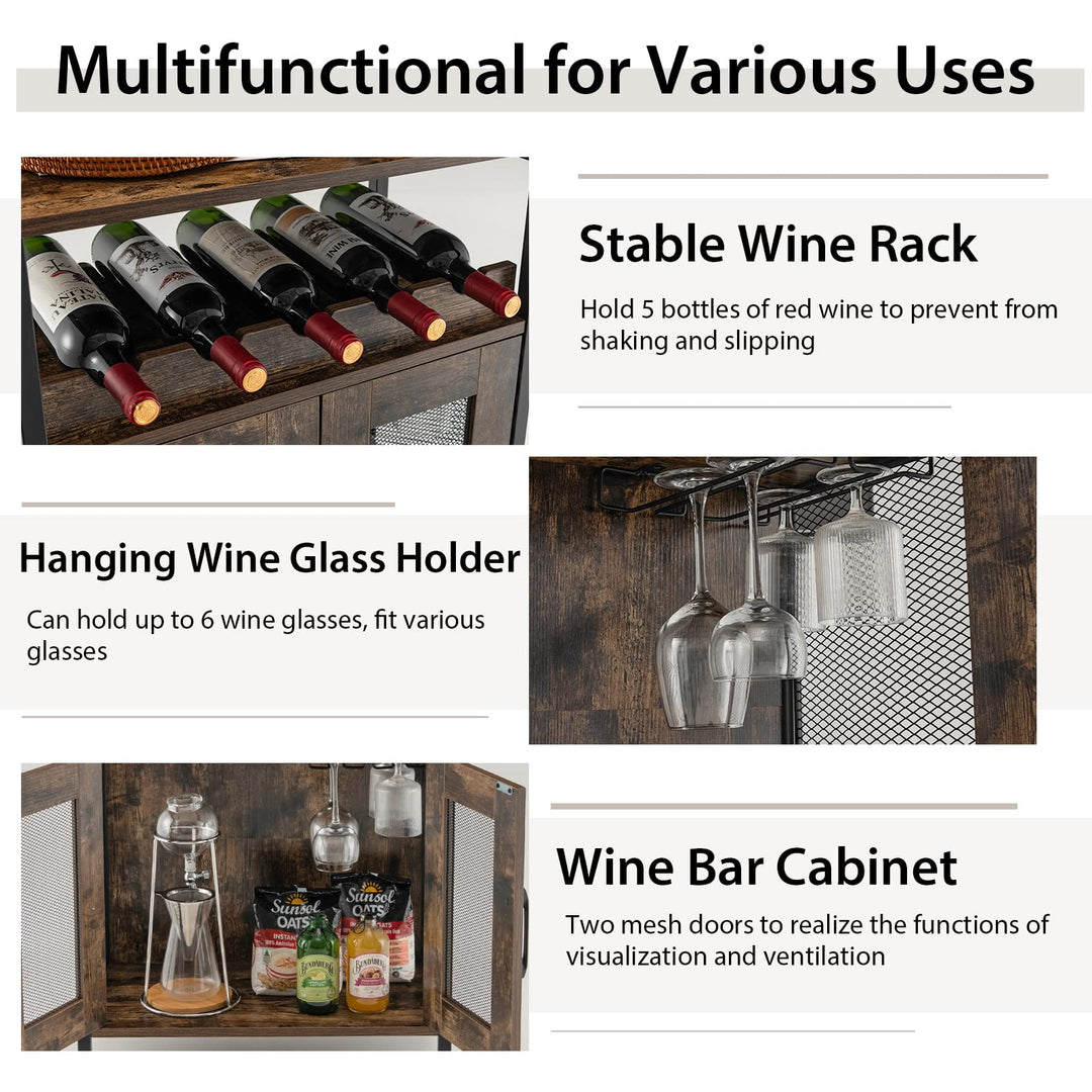 Giantex Wine Bar Cabinet, Industrial Liquor Cabinet with Glass Holder, Removable Wine Rack (Rustic Brown &amp; Black)