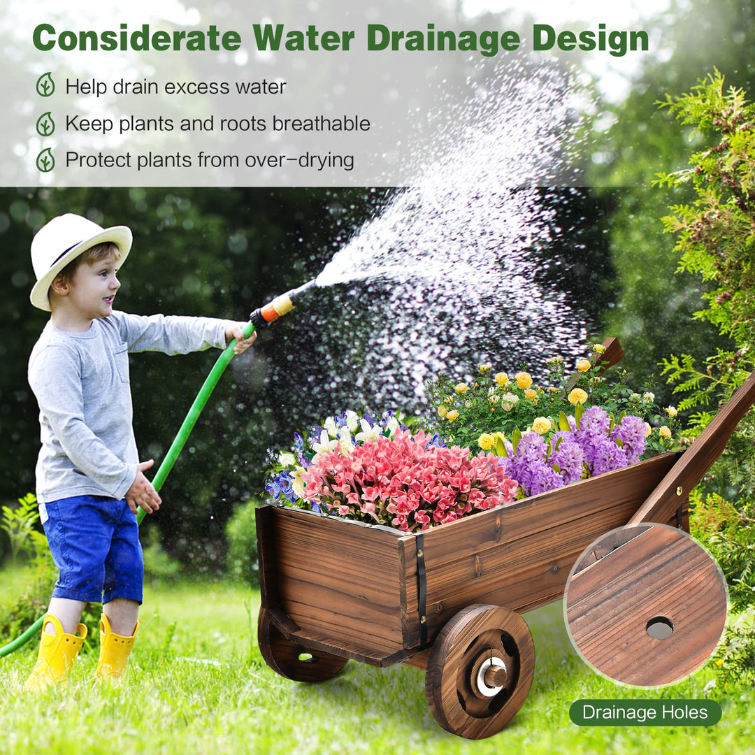 Giantex Wooden Wagon Planter Box, Decorative Wagon Cart with Wheels, Handles