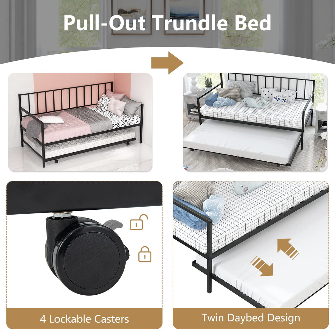 Giantex Metal Daybed with Trundle, Twin Size Daybed with Pullout Trundle &amp; Steel Slat Support, Black