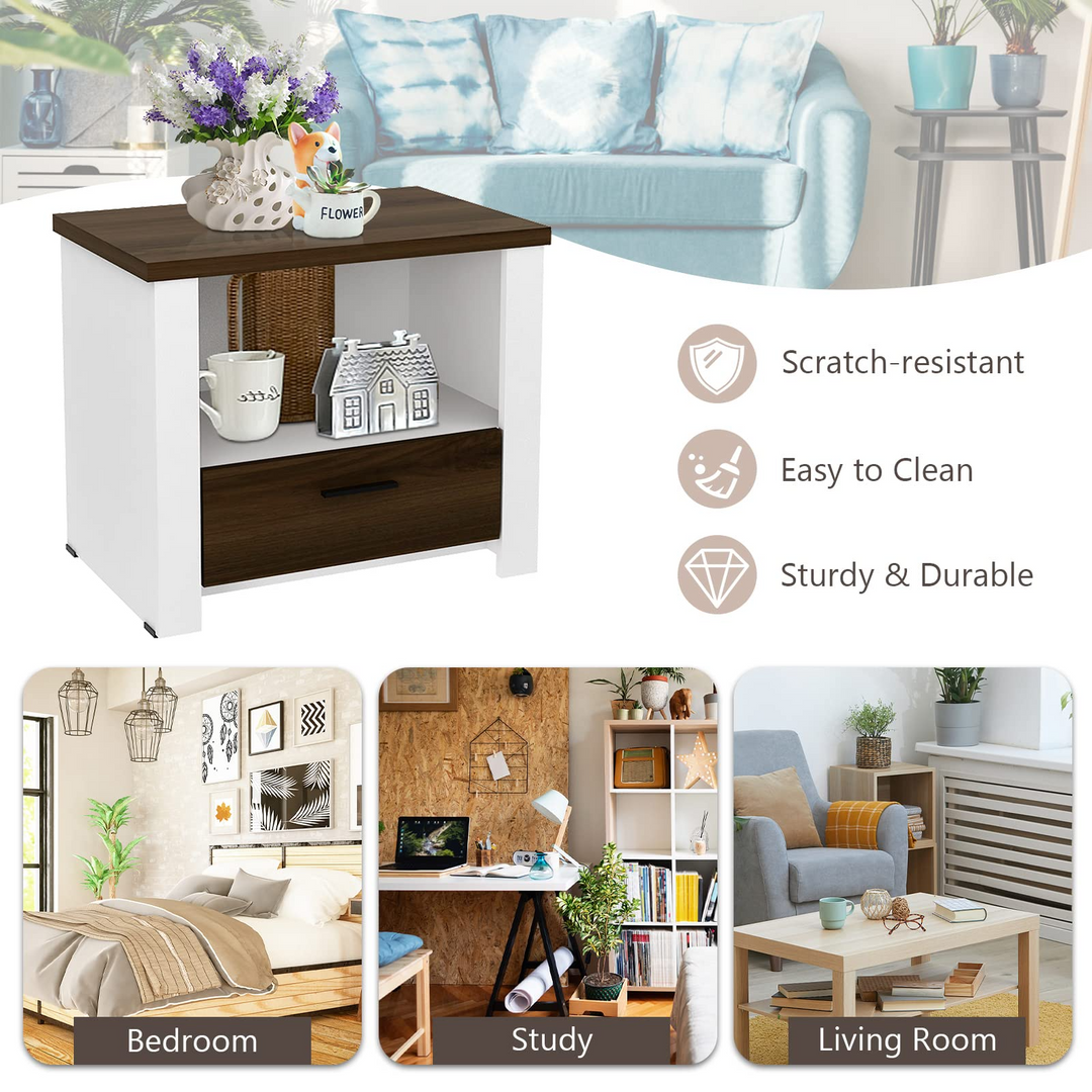 Giantex Nightstand, End Table with Glide Sliding Drawer &amp; Open Cabinet, Modern Sofa Side Table for Living Room