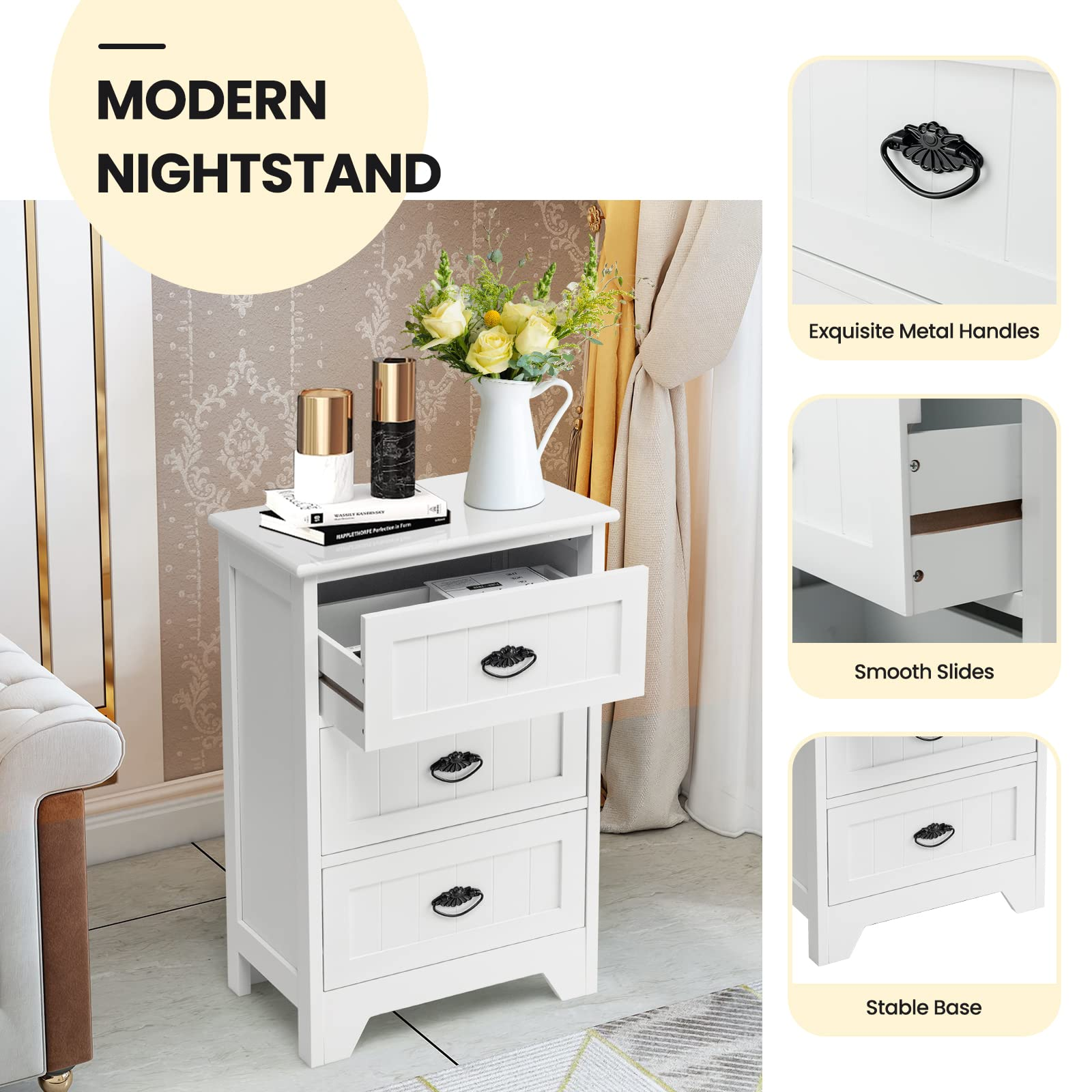Giantex Nightstand with 3 Drawers, Bedside Table