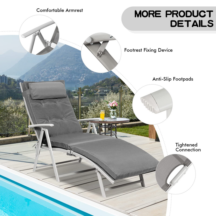 Pool Folding Reclining Beach Chair W/Removable Cushion&amp;Headrest Pillow