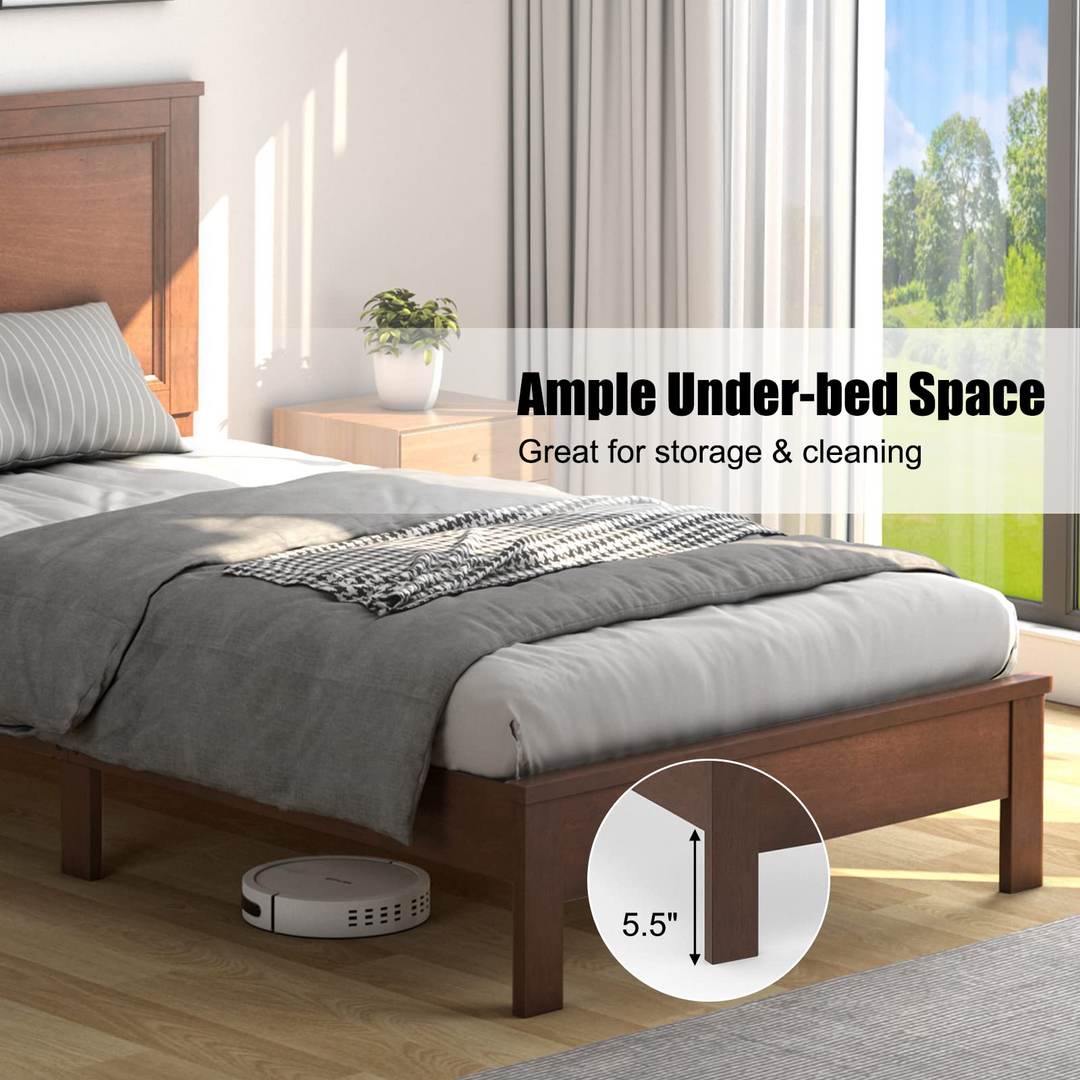 Queen/Full/Twin Size Platform Bed w/ Rubber Wood Legs &amp; Integrated Headboard | Wooden Bed Frame