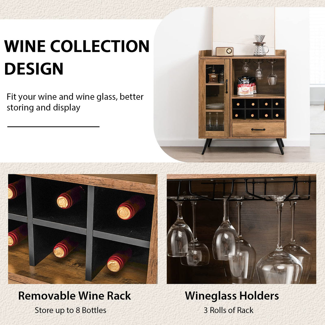 Giantex Buffet Sideboard with Drawer, Wine Cabinet for 8 Bottles, Glass Holder, 3 Tier Cupboard Tempered Glass Door (Rustic Brown &amp; Black)
