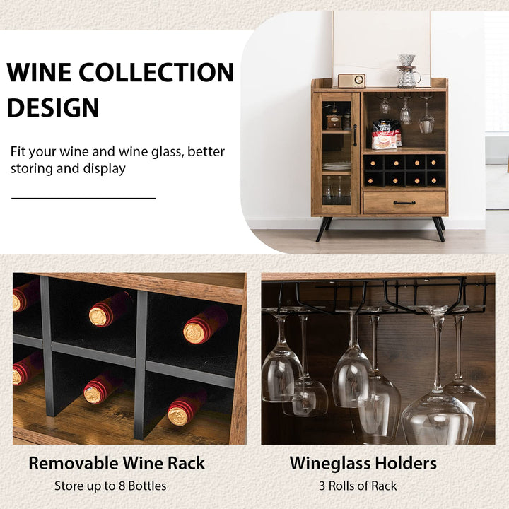 Giantex Buffet Sideboard with Drawer, Wine Cabinet for 8 Bottles, Glass Holder, 3 Tier Cupboard Tempered Glass Door (Rustic Brown &amp; Black)