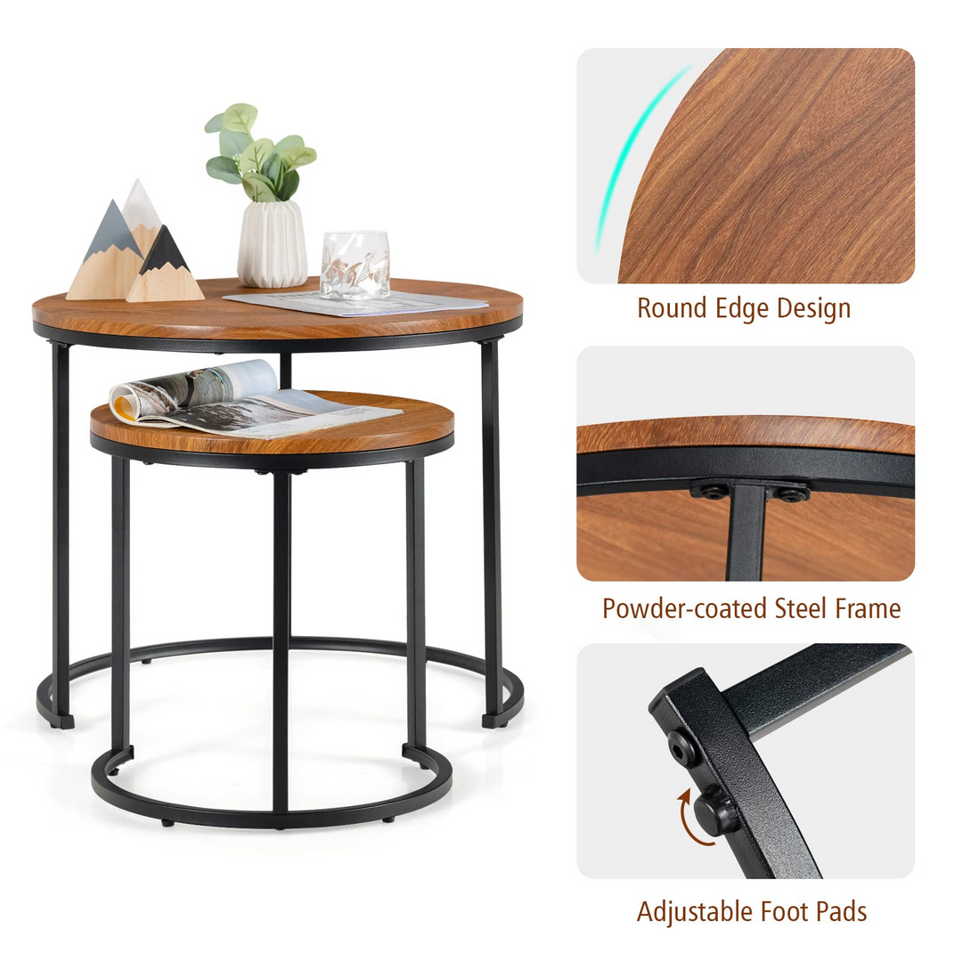 Nesting Coffee Table Set of 2, Round Stacking Side Tables w/Wooden Tabletop &amp; Steel Frame