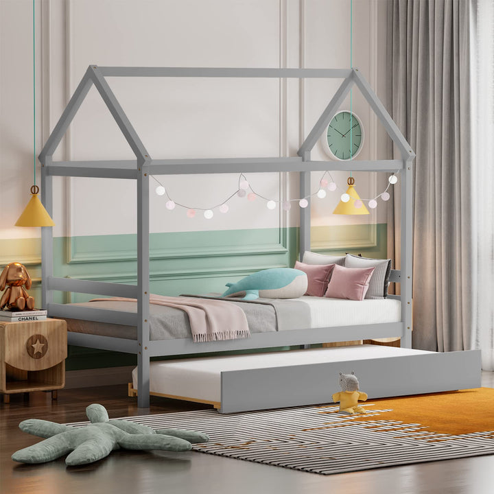 Giantex House Bed with Trundle, Solid Wood Twin Size Daybed for Girls &amp; Boys